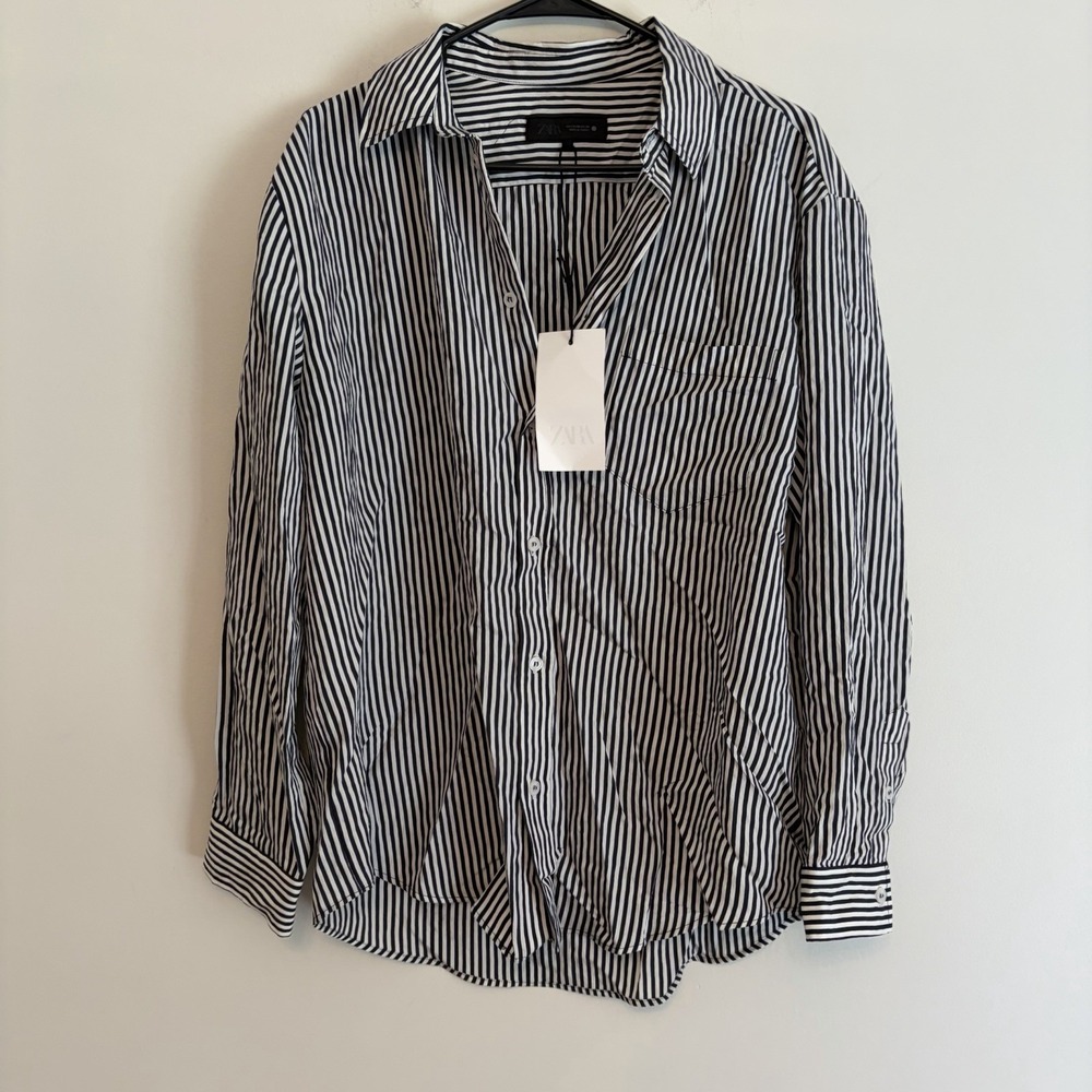 NWT Zara XS oversized Black White Striped Button Up Top Long sleeve Collared